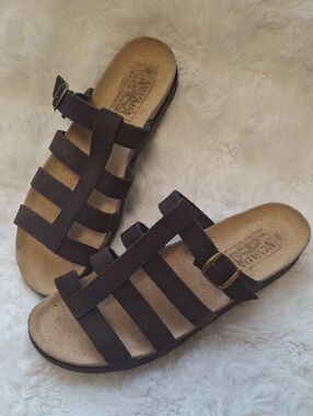 Nevada Italy Brown Leather Strappy Slide Sandals Buckle Sz 9B